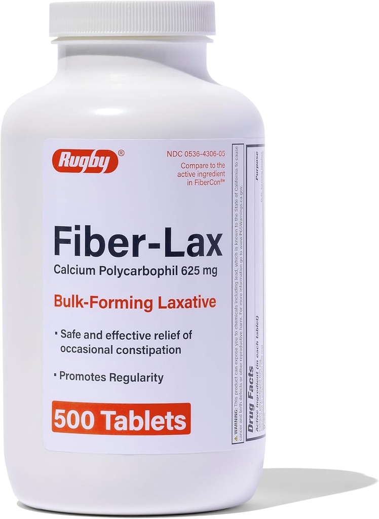 Rugby Fiber-Lax Tablets 625 Mg - Fiber Tablets for Women and Men - Occasional Constipation Relief for Adults - 500 Tablets
