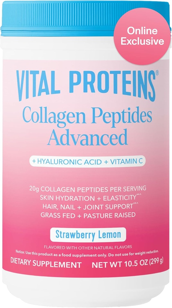 [BRSRAY3QCN4AKYDA] Vital Proteins Collagen Peptides Advanced, Hydrolyzed Peptides with Hyaluronic Acid and Vitamin C - Strawberry Lemon Flavor Powder, 10.5oz