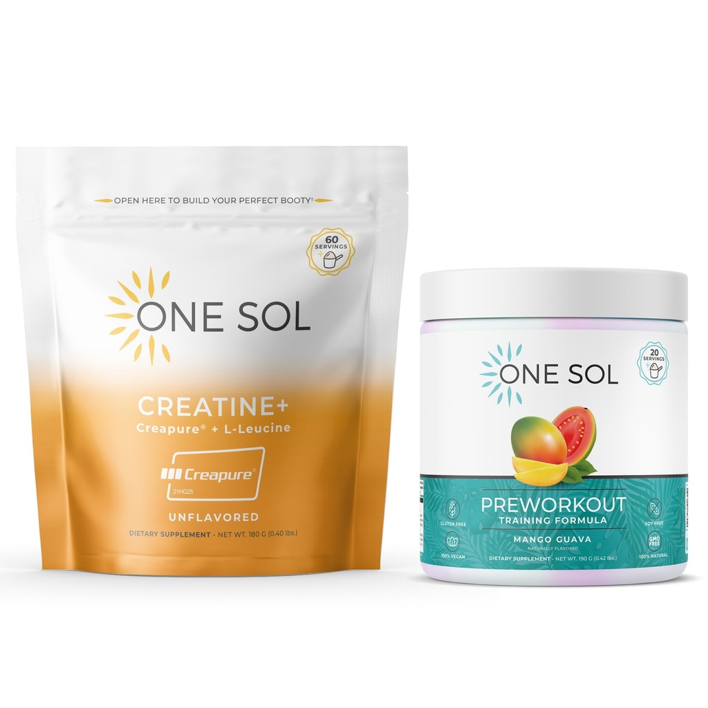 One Sol Creatine & Pre-Workout Bundle for Women: Boost Lean Muscle, Recovery, Energy & Focus with Natural Vegan Supplements (Unflavored Creatine & Mango Guava Pre-Workout)
