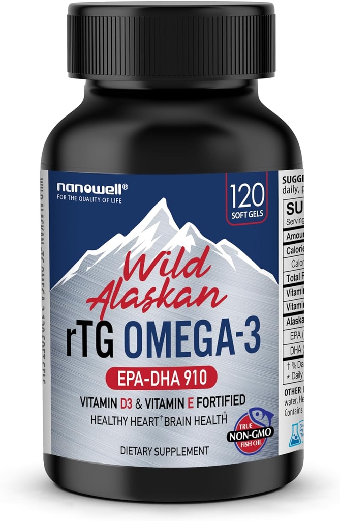 Wild Alaskan rTG Omega-3 Fish Oil 1196mg - EPA, DHA, Vitamin D3 & E - 120 Softgels, 60 Day Supply