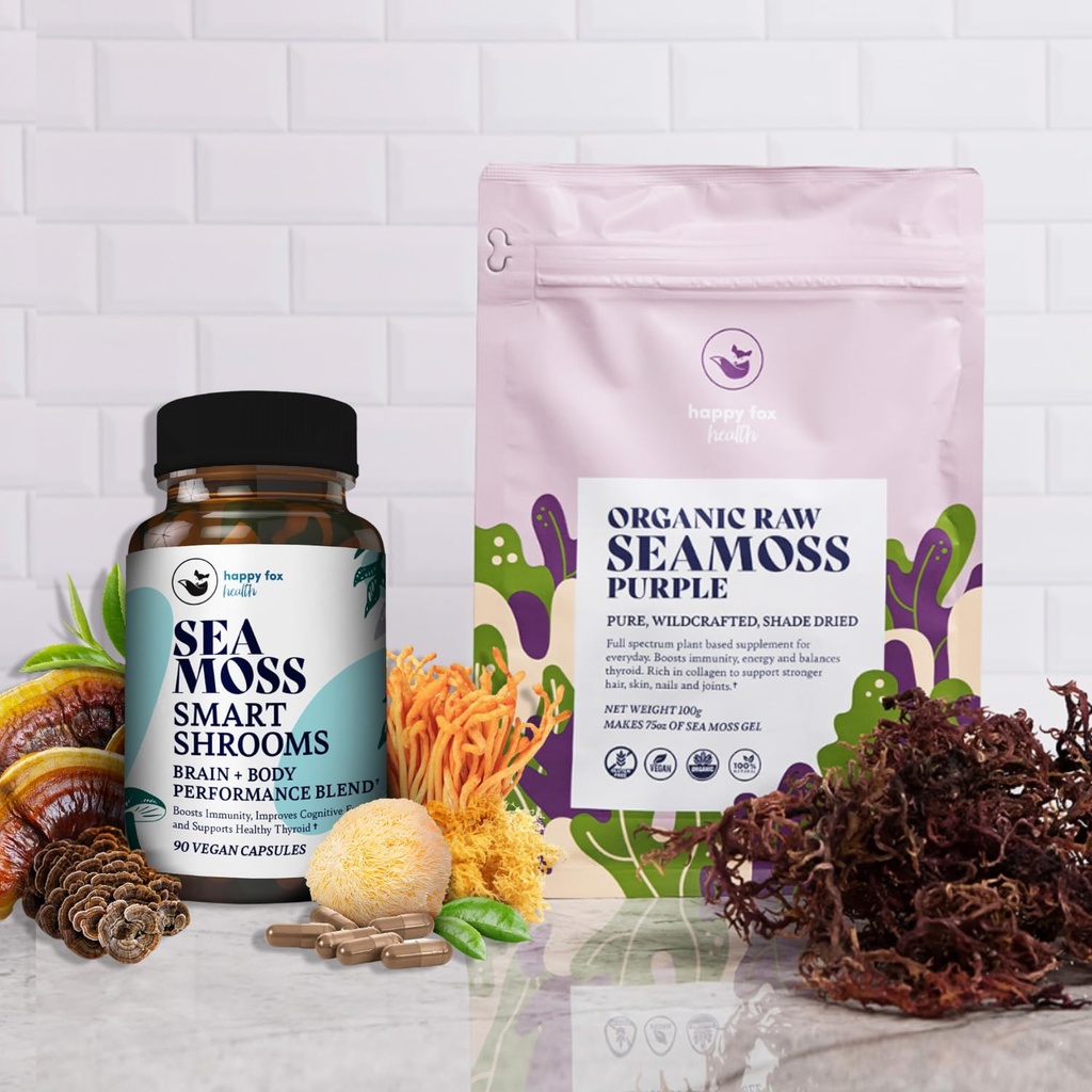 Brain & Body Purple Raw Bundle - Organic Sea Moss Raw Purple & Smart Shrooms Capsules - Irish Sea Moss & Mushroom Complex, Nootropic Brain Supplements for Memory & Focus