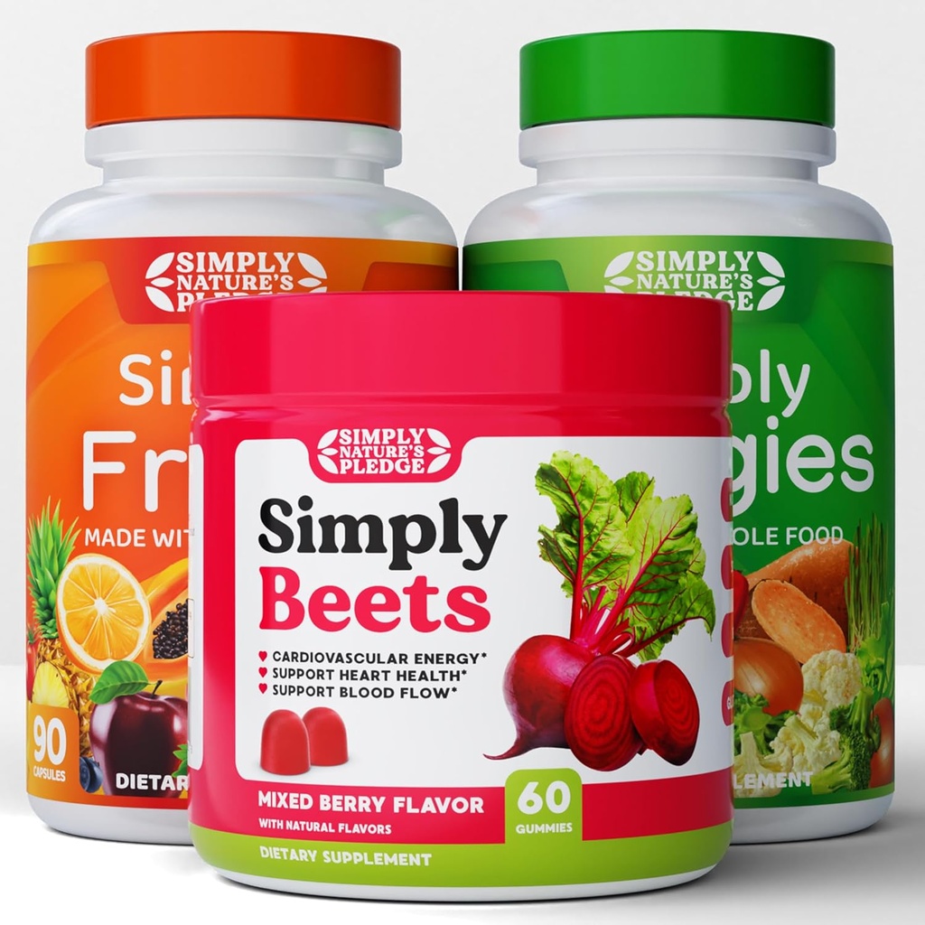 Simply Nature's Pledge - Fruit and Vegetable Supplements - 90 Veggie and 90 Fruit Capsules - Beets Gummy - 60 Count -Combo - 30 Day Supply of Each