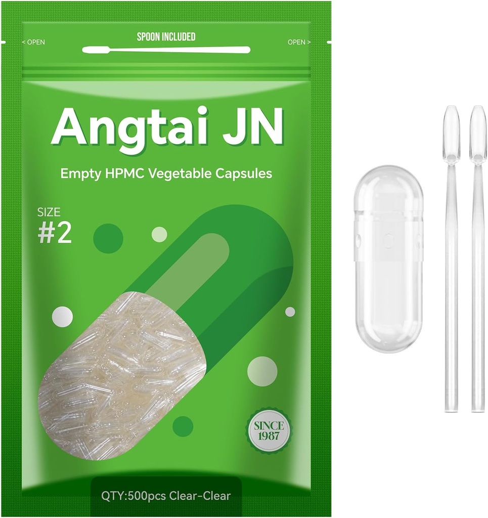 Empty Vegan Capsules Size 2 Plant Based Clear (500 Count) Gluten Free, Non-GMO, Halal Certified Pill Caps Filling Kit with 2 Spoons for Vegetarian DIY Your Own Supplements
