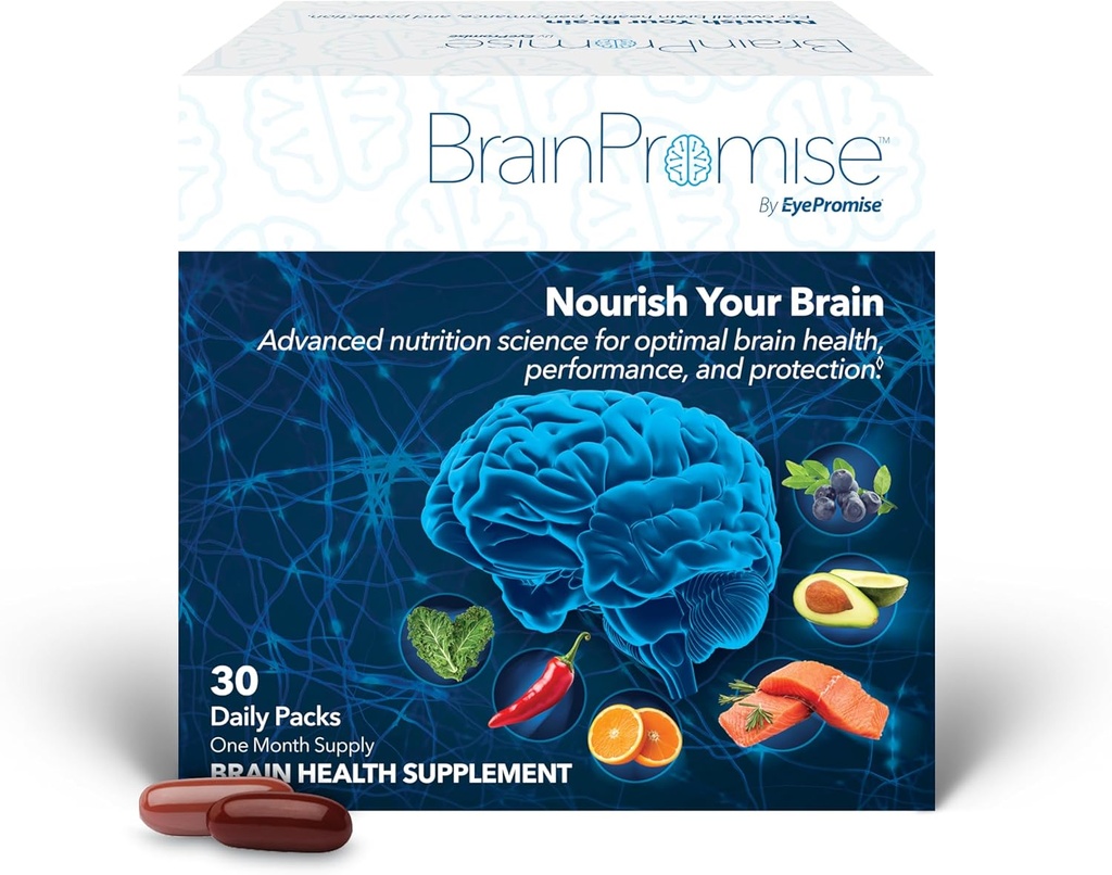 EyePromise BrainPromise Brain Supplement Improves Memory & Focus, Supports Brain Health, Performance, and Protection. Comprehensive, Science-Based Formula, 30-Day Supply Softgels