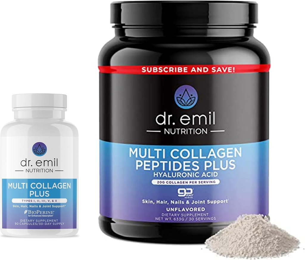 DR. EMIL NUTRITION Complete Multi Collagen Bundle - Double The Collagen & Double The Hair, Skin & Nails Benefits - Collagen Peptide Pills & Collagen Powder Bundle (30 Servings)
