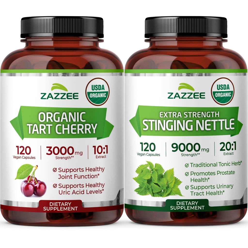 Zazzee Herbal Uric Acid Cleanse Bundle | USDA Organic 20:1 Stinging Nettle Extract Capsules Plus Organic Super Concentrated 10:1 Tart Cherry Extract Capsules | Non-GMO Vegan & ISO Lab Tested