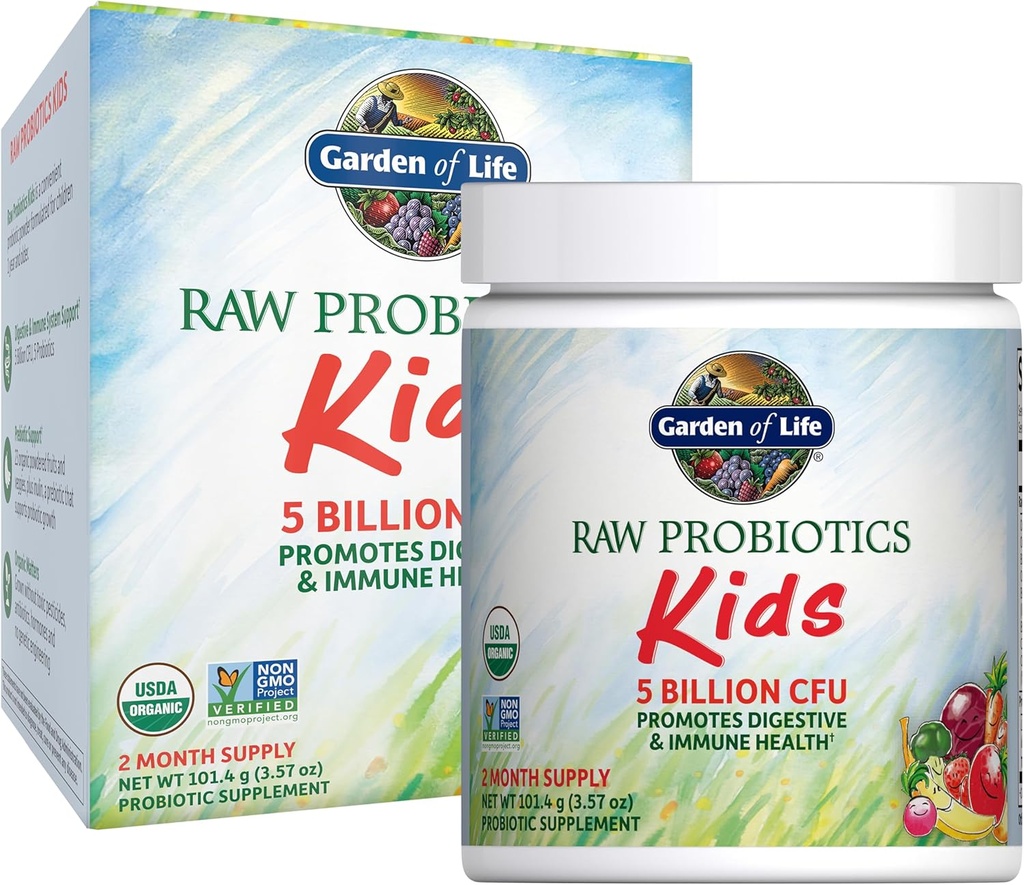 Garden of Life Organic Raw Probiotics for Kids - 5 Billion CFU Children's Acidophilus, Bifido Probiotic Powder Supplement with Fruit and Veggie Prebiotics for Digestive & Immune Health - 60 Servings