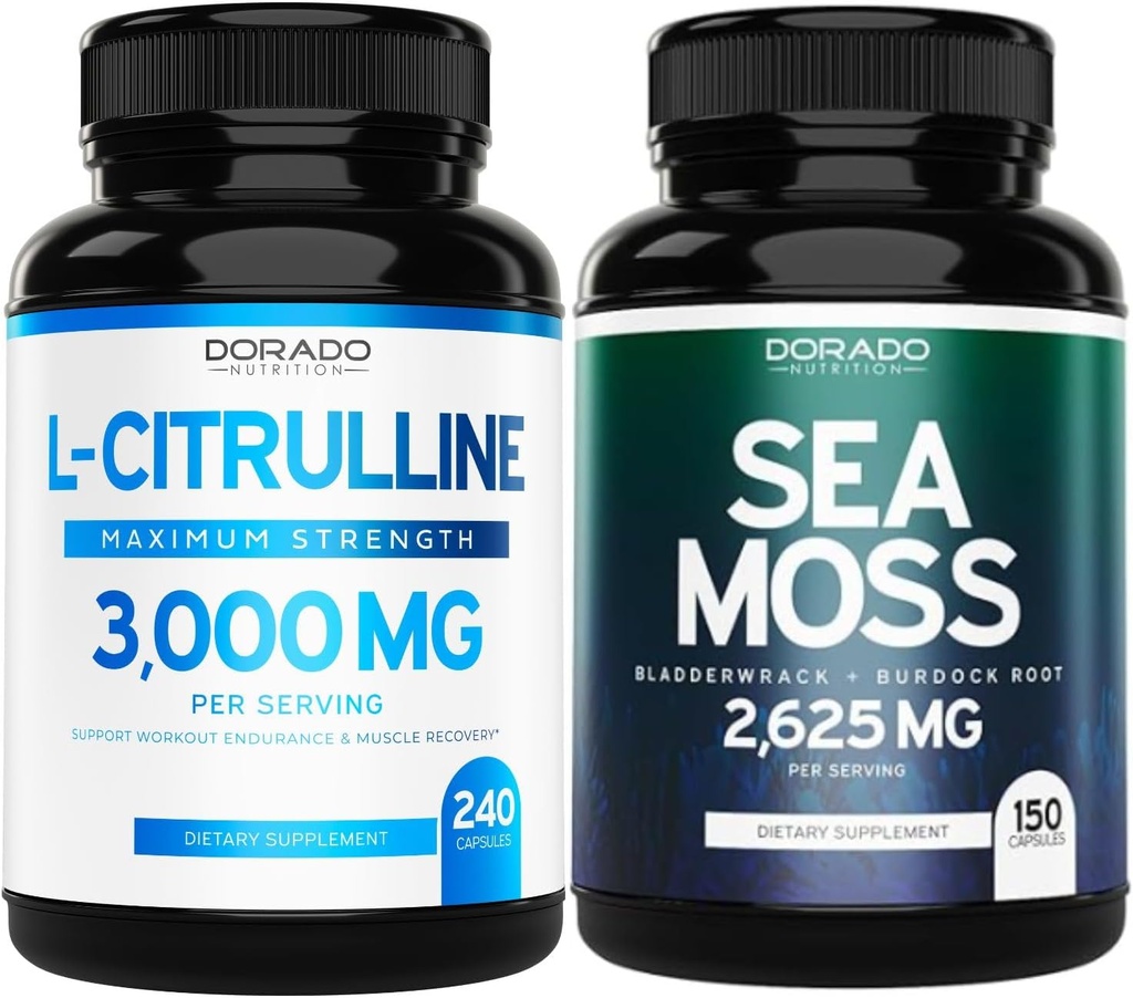 L Citrulline Supplement (240 Count) Support L Arginine & Nitric Oxide Pills - Irish Sea Moss Capsules (150 Count) Raw Seamoss for Thyroid, Energy & Immune Support - 3rd Party Tested, Vegan & USA Made