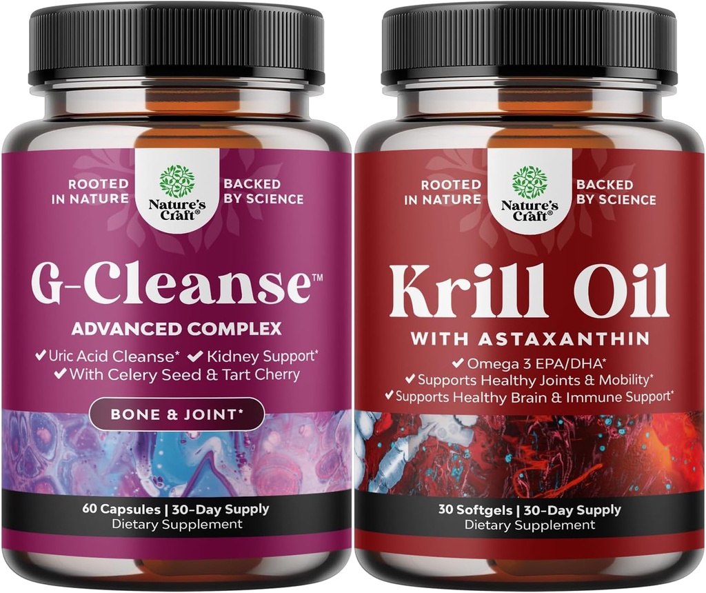 Bundle of GCleanse Uric Acid Support Supplement and Antarctic Krill Oil Softgels - Herbal Liver and Kidney Cleanse Detox and Support - High Absorption Krill Oil Omega 3 Fatty Acid Supplement