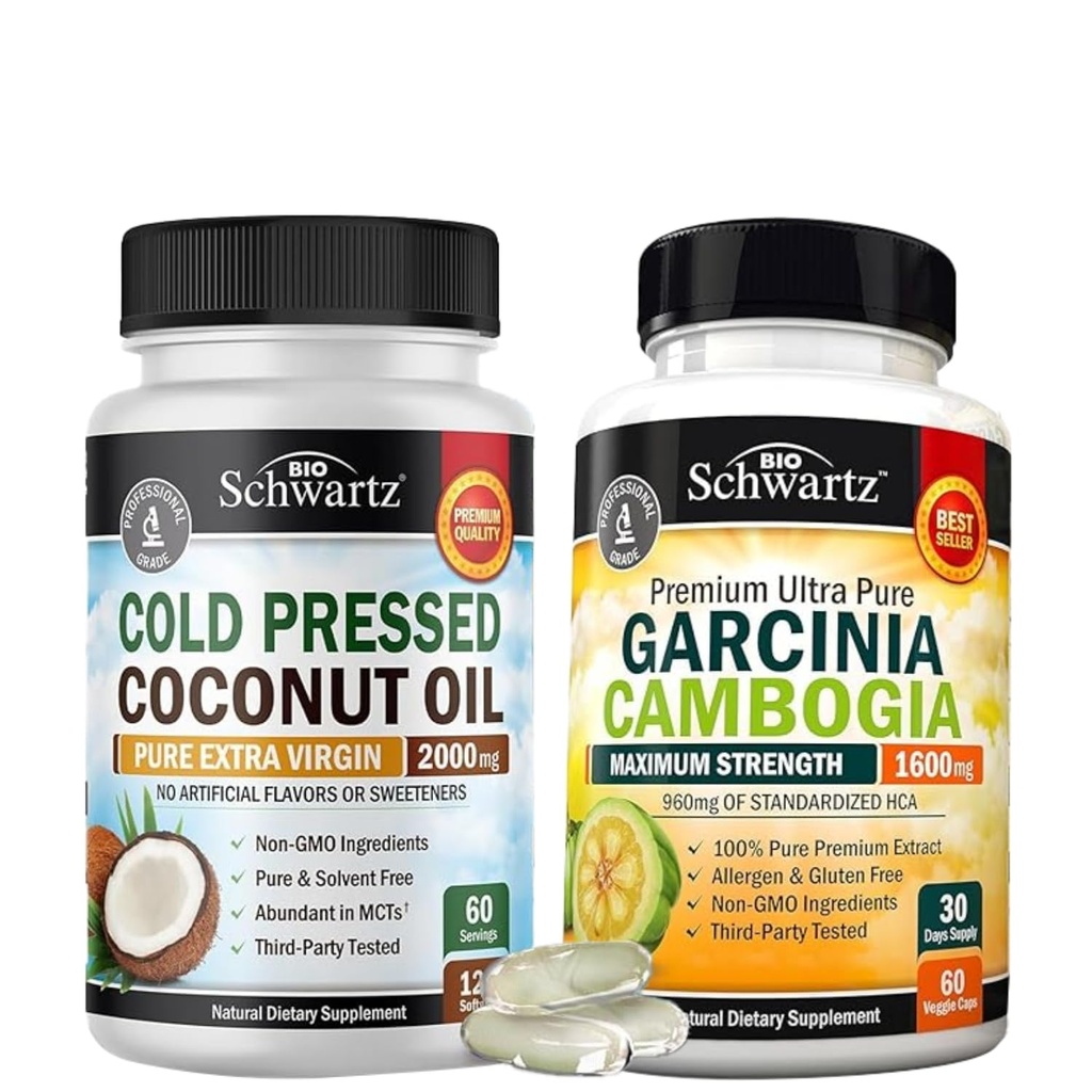 BioSchwartz Premium Garcinia Cambogia Supplement (1 Month Supply) Plus Cold Pressed MCT Coconut Oil Capsules (2 Month Supply)