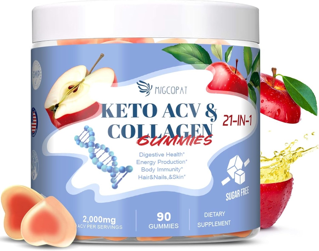 21 in 1 Keto ACV & Collagen Gummies, Sugar Free Apple Cider Vinegar Gummies with Biotin, Probiotics, Vitamins for Healthy Hair, Skin, Nails & Digestive Support, Apple Flavored, 90 Count