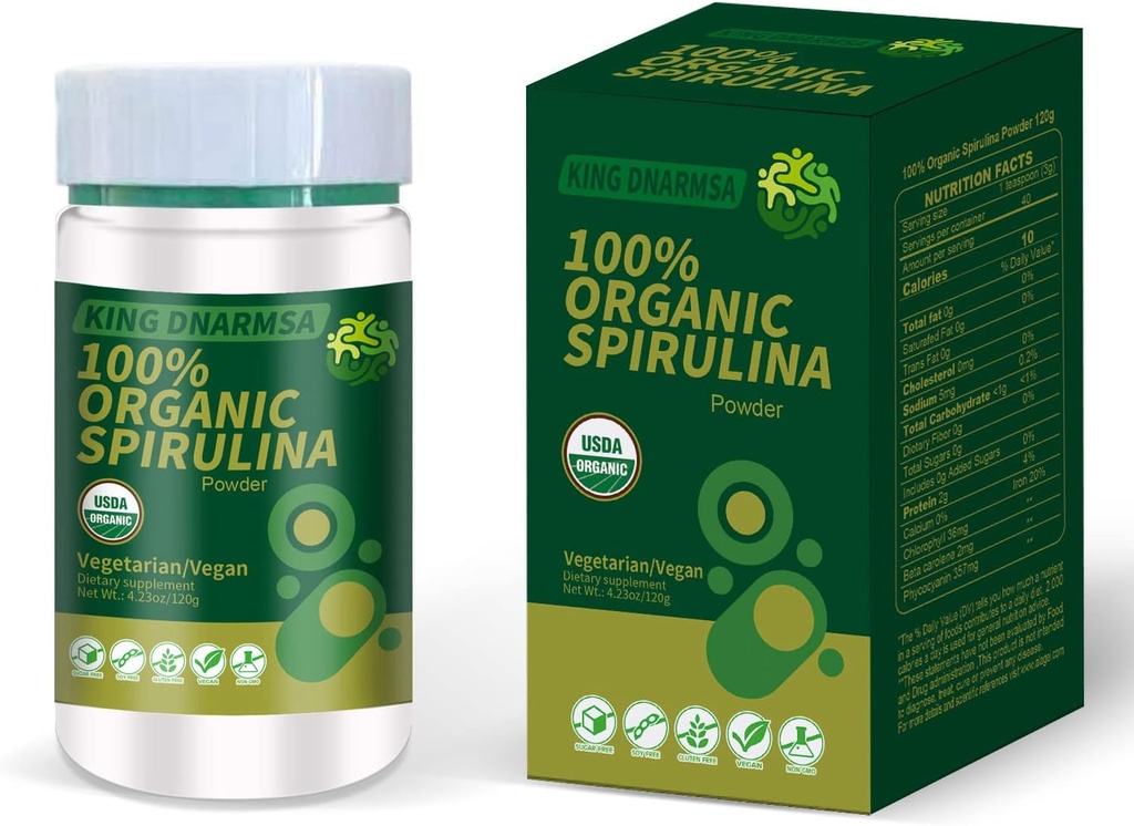 Certified 100% Organic Spirulina Powder 4.23oz/120g Rich in Rich in Beta-Carotene (Vitamin A) and B-12 with Naturally Occurring GLA,Vega Non-GMO-Superfood Supplement