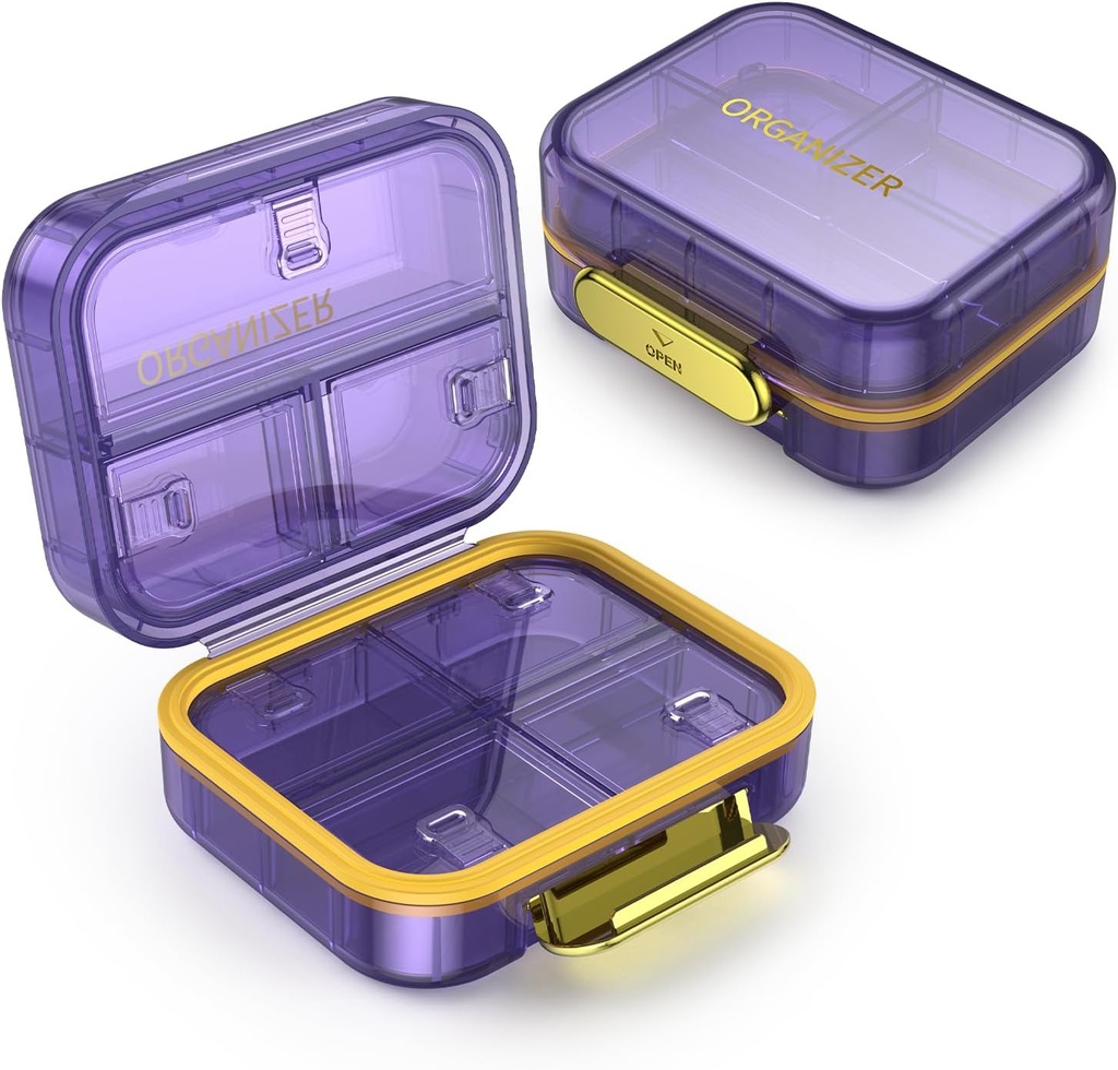 7 Compartment Travel Pill Box, Pill Organizer Moisture Proof Mini Pill Case, Small Pill Box for Pocket Purse, Daily Portable Medicine Vitamin Box, Fish Oil Box, Supplement Box (Purple)