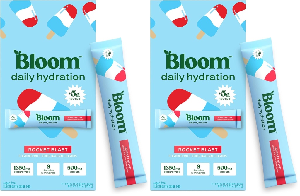 Bloom Daily Hydration Electrolyte Powder Packets with Collagen, 5g Protein, Electrolytes, Vitamins & Minerals, Sugar Free Drink Mix, Rocket Blast, 5 Count (Pack of 2)