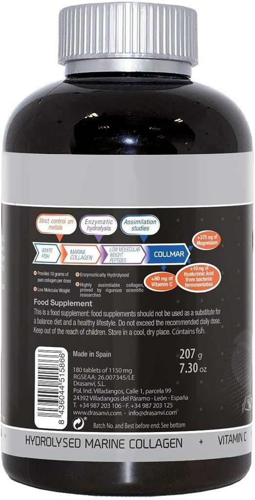 Drasanvi (2 Pack) COLLMAR Hydrolyzed Marine Collagen with Magnesium 180 Tablets - for Healthy Skin Cartilage, Bones and Muscles