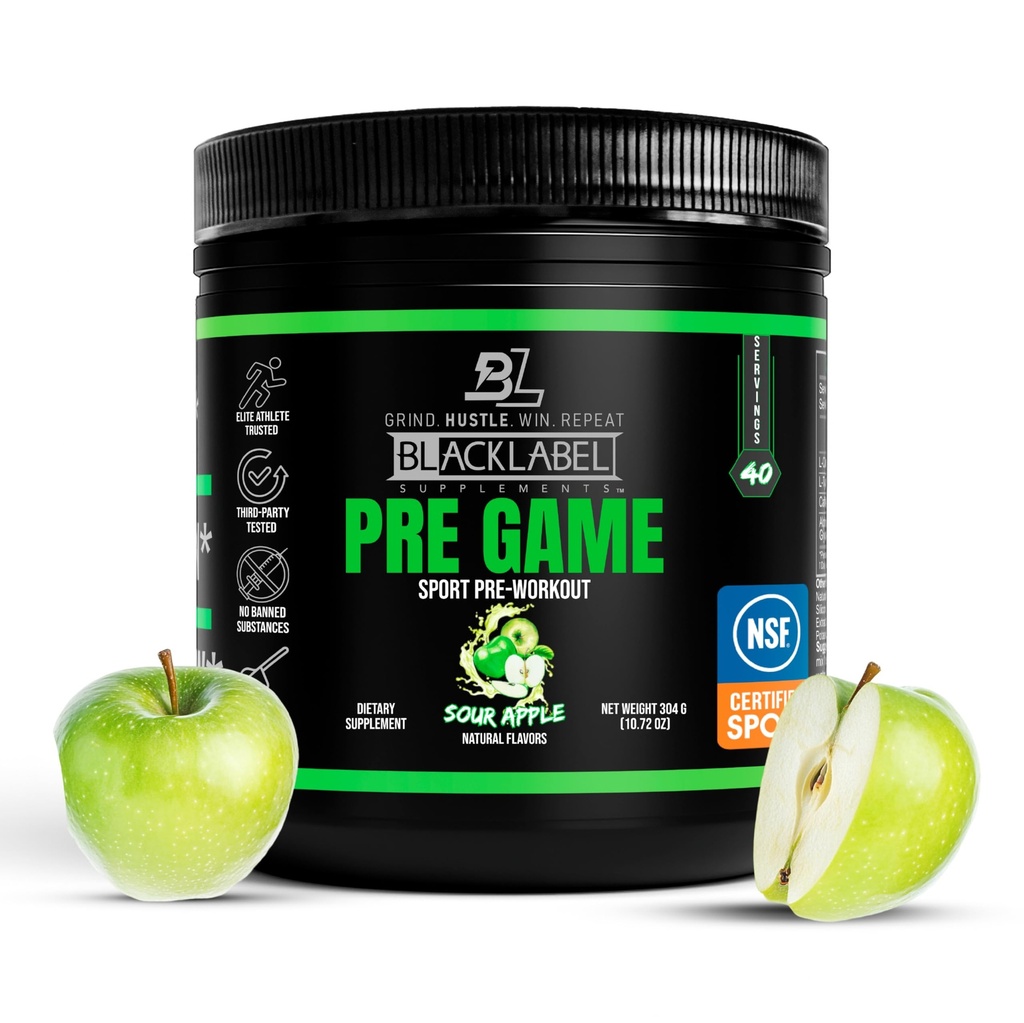 Blacklabel Supplements PRE-Game Pre Workout Powder, Sour Apple (40 Servings) – NSF Certified for Sport – Customizable 150mg Caffeine for Energy and Focus – Low-Stimulant Pre Workout for Men and Women