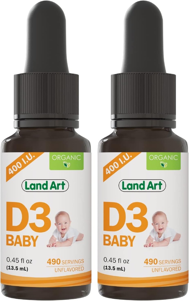 Land Art - Certified Organic Vitamin D3 Drops Baby – 400 IU per Drop – 490 Servings – Supports Bone & Teeth Development – Vitamin D Drops for Infants & Toddlers – GMO-Free - Gluten-Free – 2x0.45 fl oz