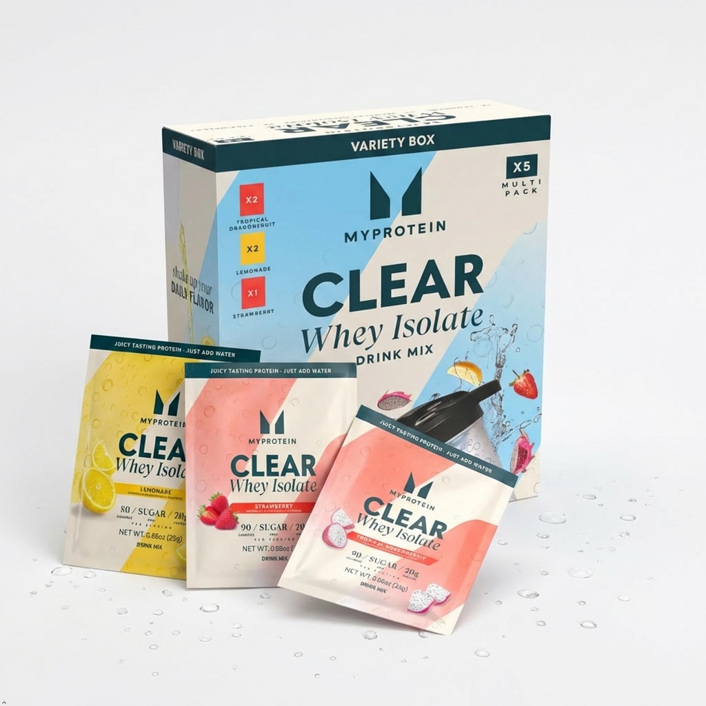 Myprotein Clear Whey Isolate Protein Powder Drink Mix – 5 Count Variety Pack Sampler (Lemonade, Tropical Dragonfruit, Strawberry) – 20g Protein, Sugar Free, Low Calorie, Juicy Protein Water