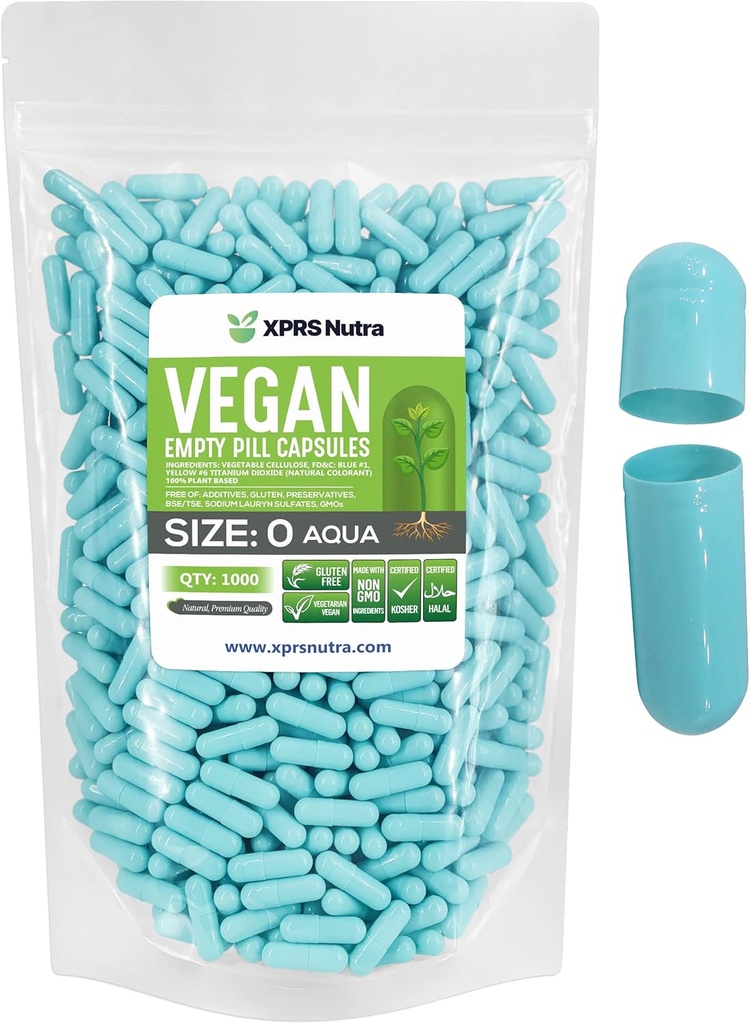 XPRS Nutra Size 0 Empty Capsules - 1000 Count Empty Vegan Capsules - Vegetarian Empty Pill Capsules - DIY Vegetable Capsule Filling- Veggie Pill Capsules Gel Caps (Aqua)