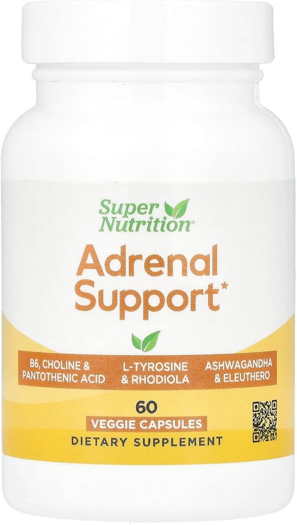Super Nutrition Adrenal Support with L-Tyrosine, Rhodiola Extract, Ashwagandha Extract, and Eleuthero Extract, 60 Veggie Capsules