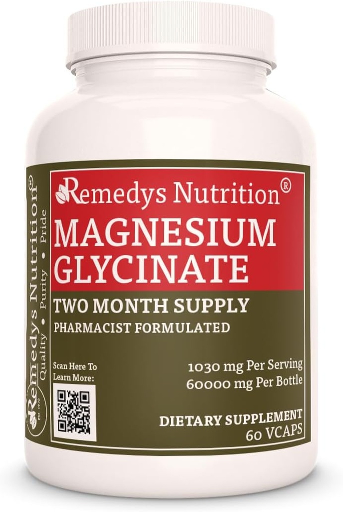 Remedy's nutrition Magnesium Glycinate | 1,000 mg, 60 Vegan Capsules Dietary Supplement | Two Month Supply | Also Contains Alfalfa Leaf, Watercress & Nettle Leaf