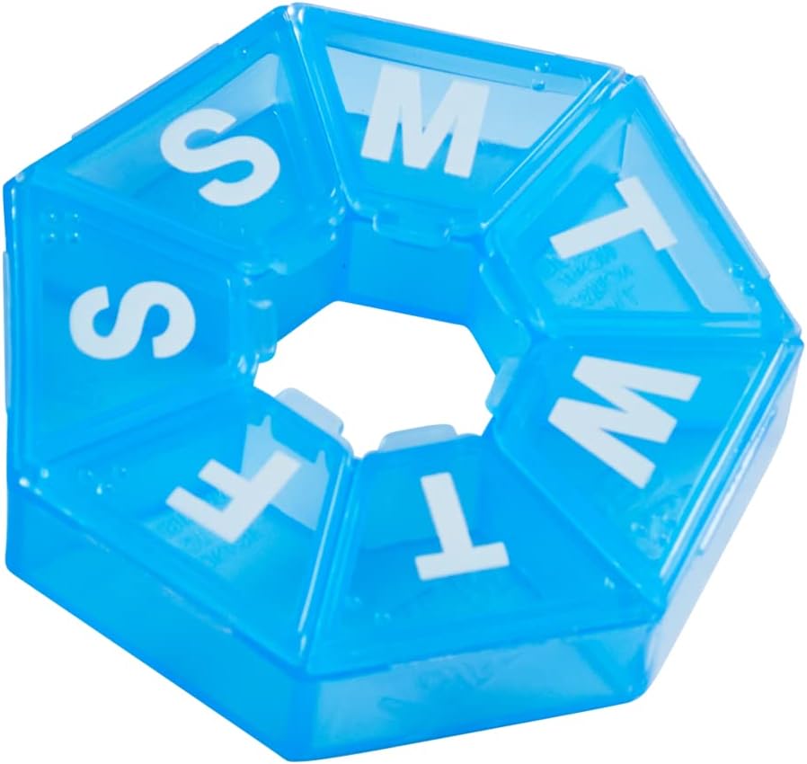 EZY DOSE 7-Day Weekly Pill Organizer, Daily Medicine Container and Vitamin Planner, Round Supplement Case, Compact Travel Friendly, Portable Storage Sorter, 7-Sided Circle, Blue BPA Free
