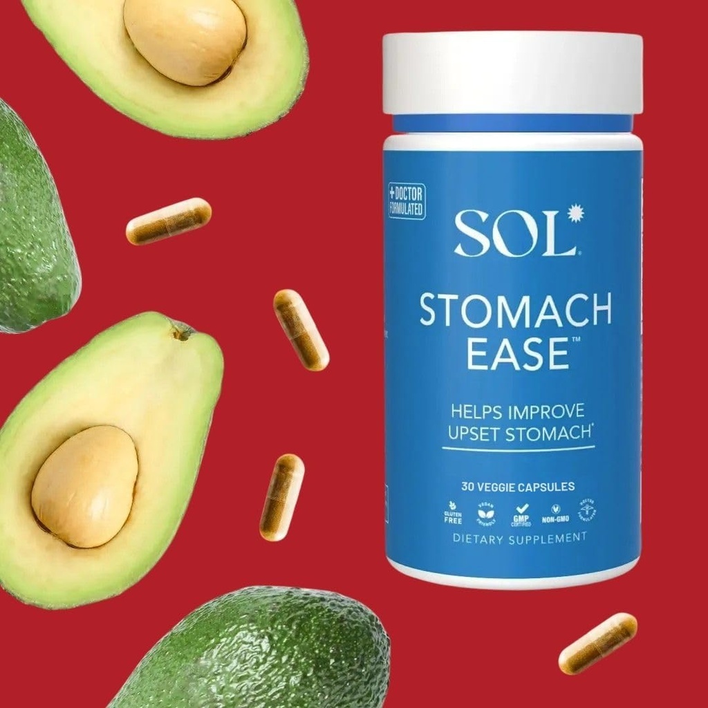 Stomach Ease Supplement with Turmeric - Neutralizes Stomach Acid, Aids Digestion, Eases Heartburn - Optimal Digestive Stomach Ache Relief, 30 Easy to Swallow Capsules, SOL Nutrition