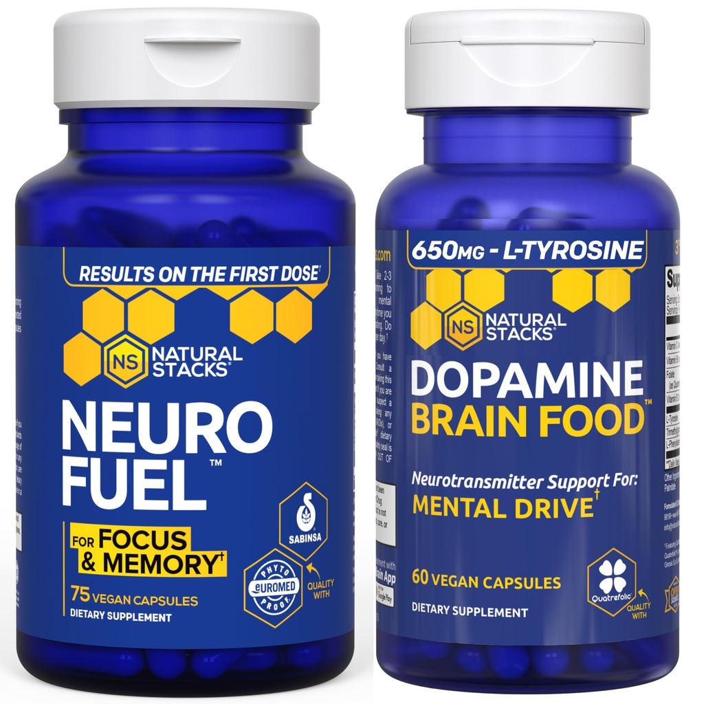 NATURAL STACKS NeuroFuel Nootropic + Dopamine Brain Food Bundle - Supports Mental Drive & Focus* - 135 Total Capsules