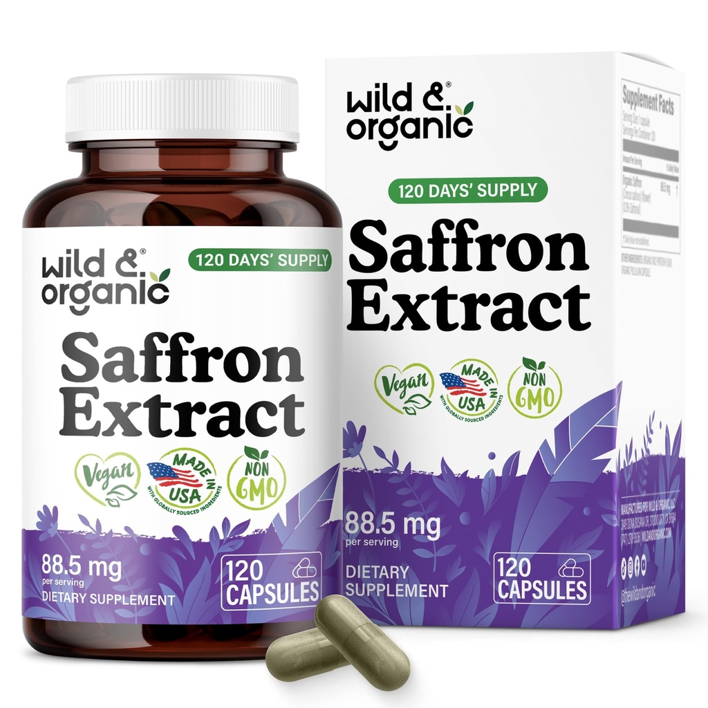 Wild & Organic Saffron Capsules 88.5 mg - Mood, Focus, Eye Support - Natural Saffron Supplements - Crocus Sativus Extract - 120 Days of Supply - Vegan, Non-GMO - 120 Count