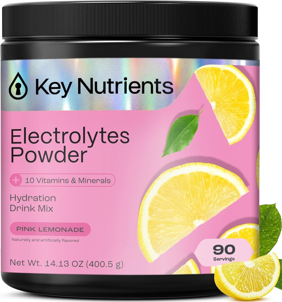 KEY NUTRIENTS Multivitamin Electrolytes Powder No Sugar - Fresh Pink Lemonade Electrolyte Powder - Endurance & Energy Supplement - Hydration Powder - No Calories - 90 Servings - Made in USA