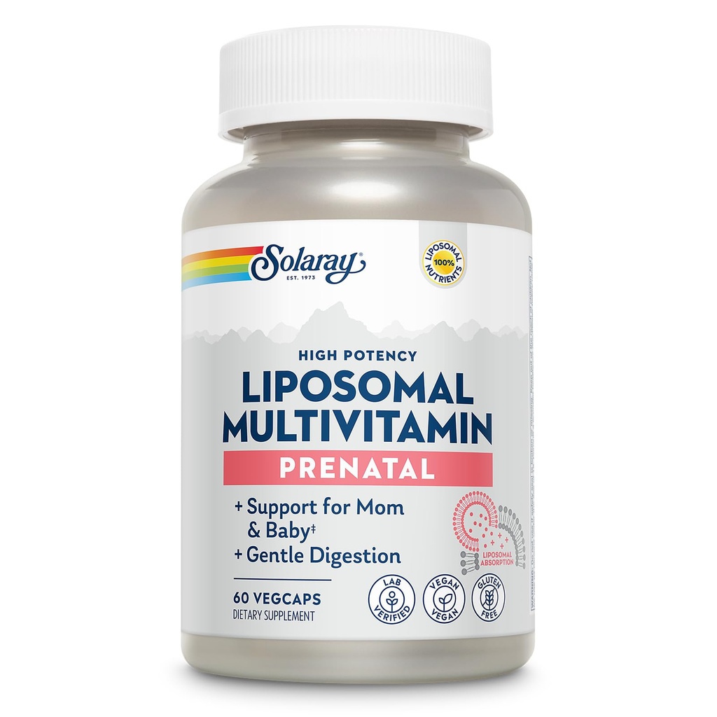 SOLARAY Liposomal Multivitamin Prenatal - Support for Mom & Baby with Prenatal Vitamins for Women, Folic Acid & Iron - High Potency, Gentle Digestion - 60-Day Guarantee - 30 Servings, 60 VegCaps