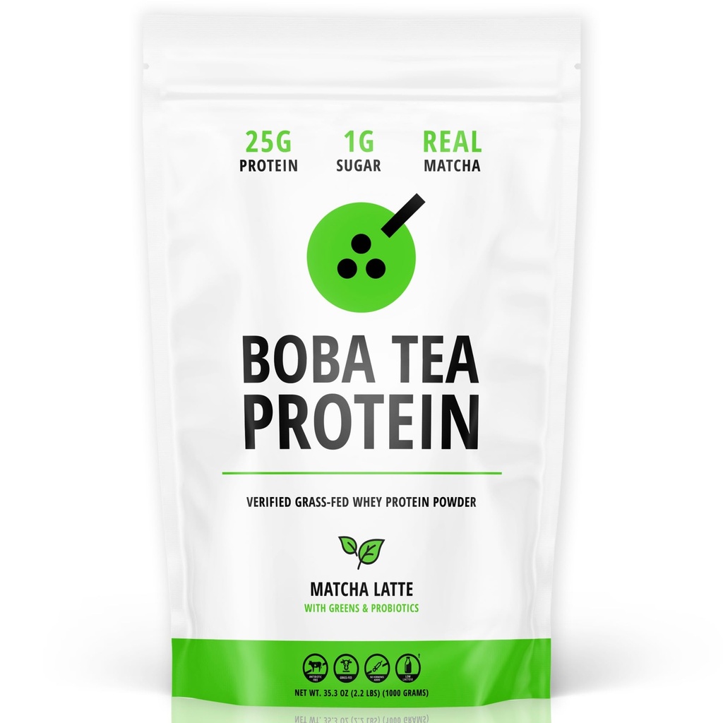 Boba Tea Protein Matcha Latte | 25g Grass-Fed Whey Protein Isolate Powder | Gluten-Free & Soy-Free Bubble Tea Protein Drink | Real Ingredients & Lactose-Free Protein Drink | 25 Servings