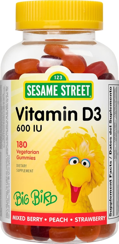 Webber Naturals Sesame Street Vitamin D3 Gummies for Kids 2+, 600 IU of Vitamin D per Gummy, 6 Month Supply, Free of Gluten, Dairy, Peanut & Gelatin, Immune, Bone and Teeth Support, 180 Gummies