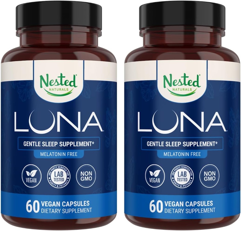 Nested Naturals Luna Melatonin-Free Pack of Two, Bedtime Supplement for Adults, Herbal Nighttime Sleeping Capsule, Valerian Root with Chamomile, Lemon Balm, Non-GMO, Gluten-Free