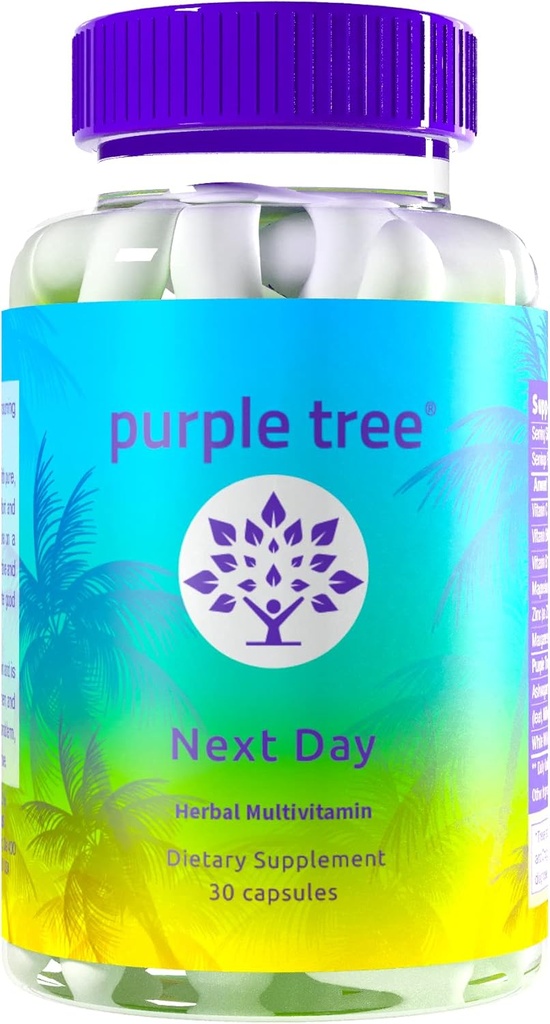 purple tree Next Day, Post-Celebration Wellness - Take Tomorrow | Replenish & Feel Your Best | Ashwagandha, Ginger, Peppermint, Milk Thistle, Electrolytes, Vitamins, 30 Pills