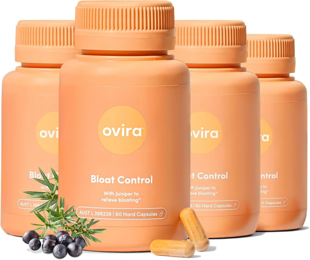 Ovira Bloat Control Supplement with JUNICLEAR - 60 Capsules for Gas and Bloating Relief | Effective Debloating for Women and Men | Helps Water Retention & Promotes Digestive Health - Pack of 4
