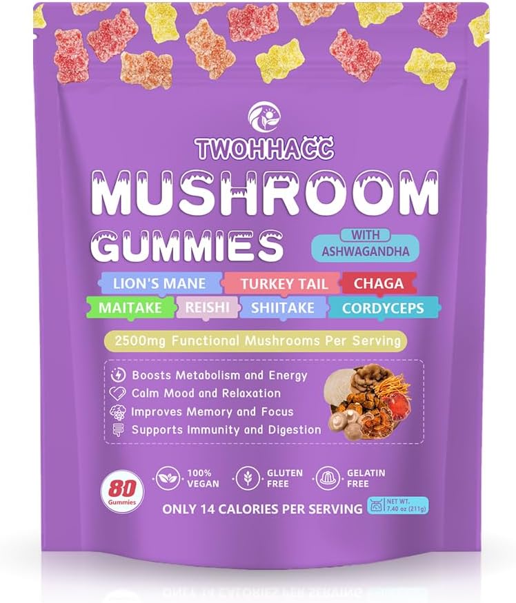 Mushroom Supplement Gummies with Ashwagandha and Lions Mane, Maitake, Turkey Tail, Reishi, Chaga, Shiitake, Cordyceps Nootropic Brain Supplement for Focus, Memory, Immune, Support and Stress Relief