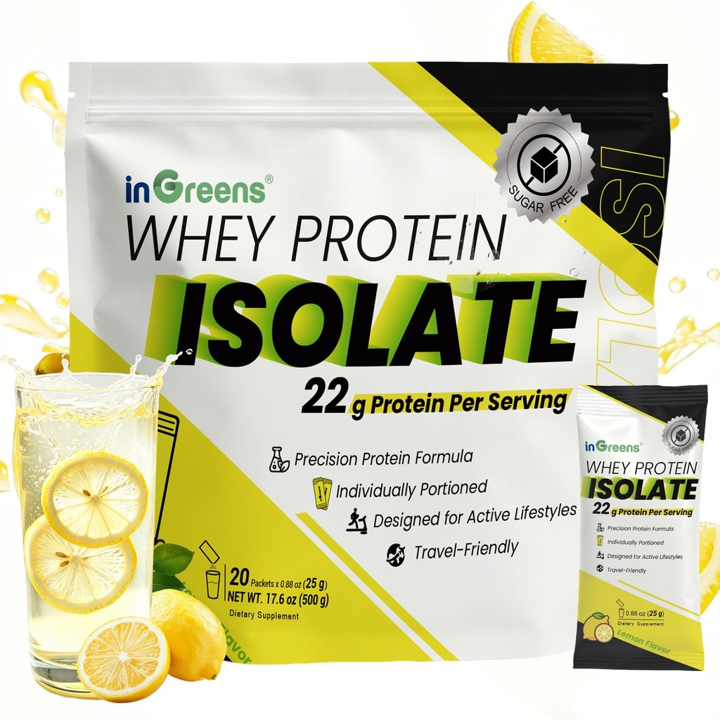 inGreens Clear Protein, Whey Protein Isolate Powder, 22g Protein Per Serving, Sugar Free, 90 Calories, Post Workout Drink Mix, Single Serve Packets, 20 Servings, Lemon Flavor
