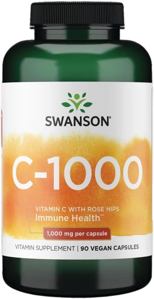 Swanson Vitamin C w/Rose HIPS - Herbal Supplement Promoting Skin Health, Heart Health & Immune System Support - Natural Formula Promoting Protection & Wellness - (90 Capsules, 1000mg Each)