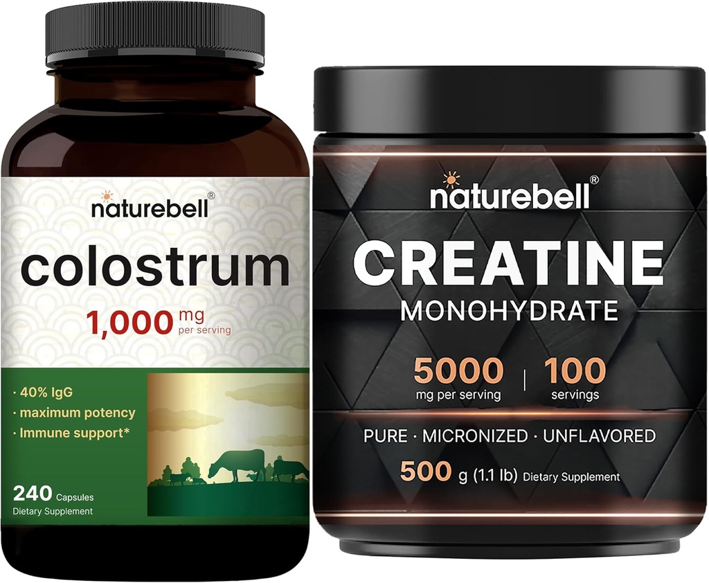 NatureBell Creatine Monohydrate Powder & Colostrum 240 Capsules 1,000mg Per Serving Bundle Pack | High Absorption Micronized Creatine | Mother’s First Milk from Grass Fed Bovine