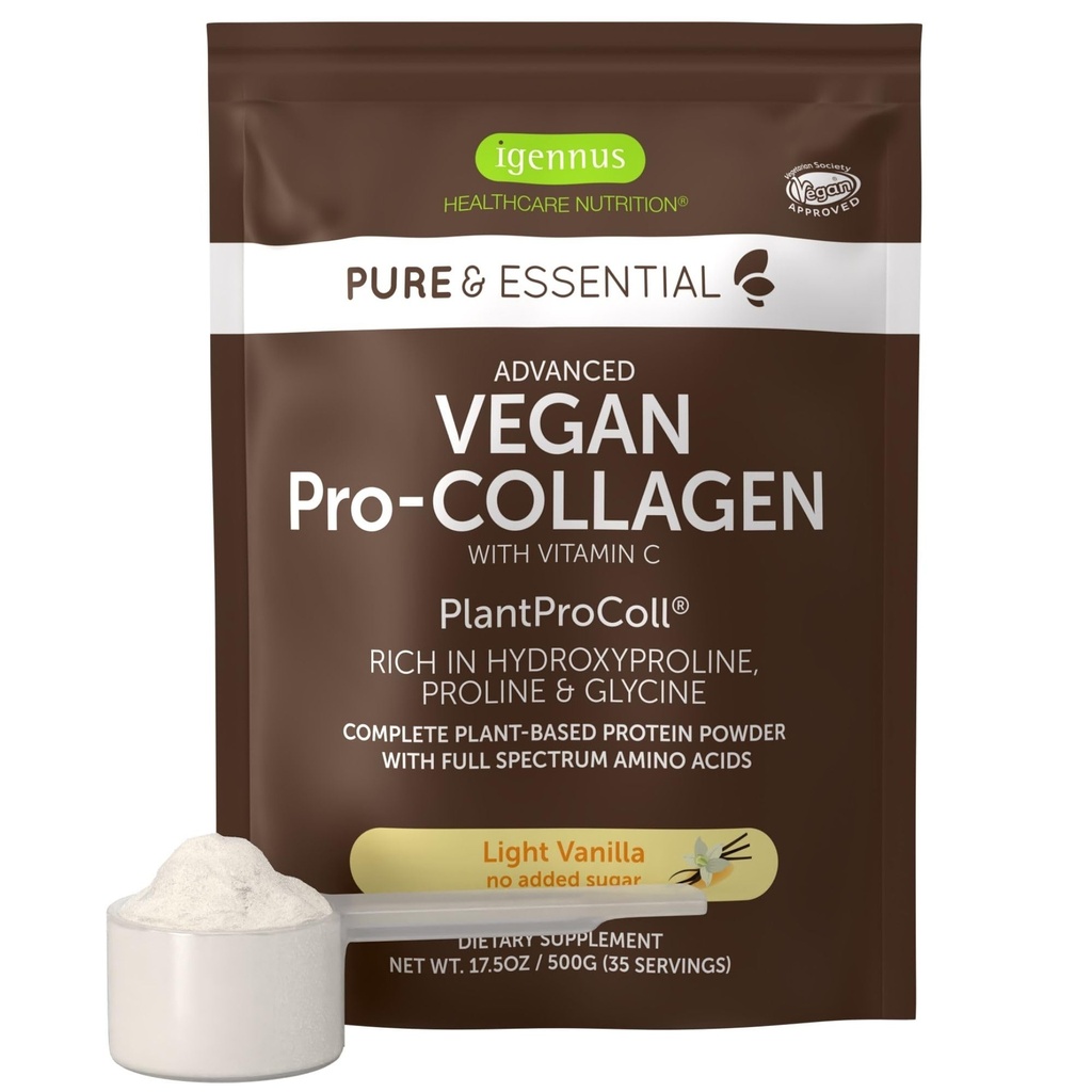 Igennus Advanced Vegan Vanilla Collagen Peptide Powder, Enhanced with Glycine, Proline & Hydroxyproline & Cofactor Vitamin C, Non GMO, Vegetarian Plant Based Collagen Powder Booster, 35 Servings