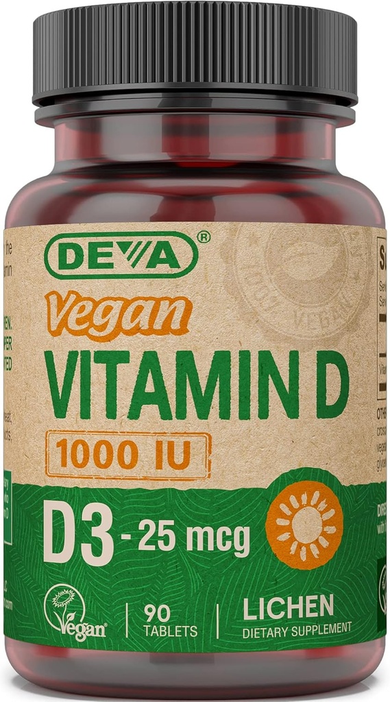 DEVA Vegan Vitamin D3 Supplement - Once-Per-Day Tablet with 1000 IU - Cholecalciferol - Lichen Plant Derived - 90 Small Tablets