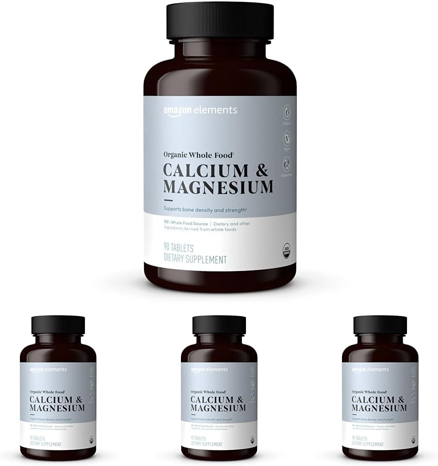 Amazon Elements Organic Whole Food Calcium & Magnesium, 90 Tablets (Pack of 4)