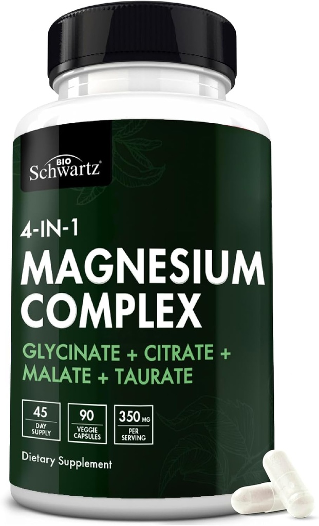 BioSchwartz Magnesium Complex Supplement (90 Capsules) 350mg Magnesium Glycinate Citrate Malate and Taurate Per Serving for Healthy Nerves Muscles Heart Sleep Support (Vegan, Gluten-Free, Non-GMO)