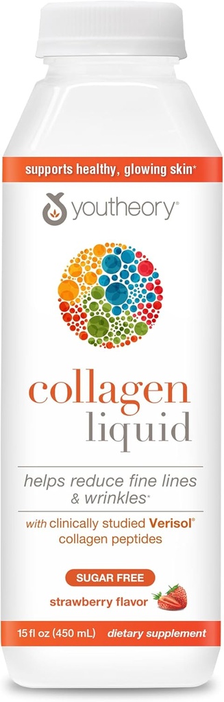 Youtheory Collagen Liquid - 2,500 mg Verisol Hydrolyzed Collagen - Supports Joints, Muscles, Bones, Hair, Skin & Nails* - 18 Amino Acids - Natural Strawberry Flavor - 15 fl oz