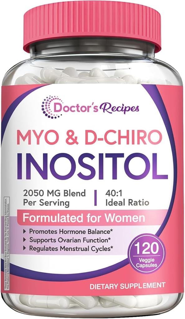 Doctor's Recipes Inositol Supplement, Myo-Inositol & D-Chiro Inositol Capsules 2050mg per Serving, Ideal 40:1 Blend, Hormone Balance for Women, Ovarian Function & Fertility Support, 120 Vegan Caps