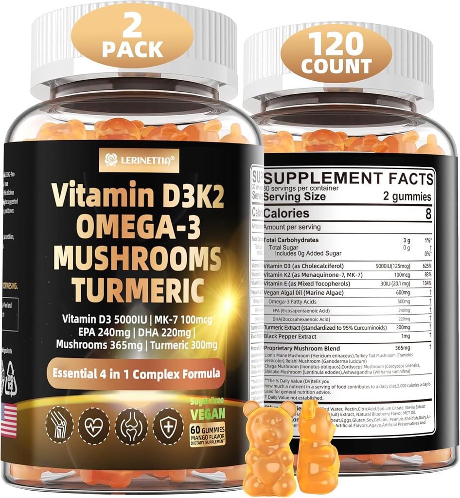 Vitamin D3 5000iu(125mcg) + Vitamin K2(MK7) Gummies with Algae Omega 3 | Maximum Strength Vitamin D3+K2 | for Bone, Teeth, Energy, Immune, Calcium Absorption - Vegan, Sugar Free,120Ct