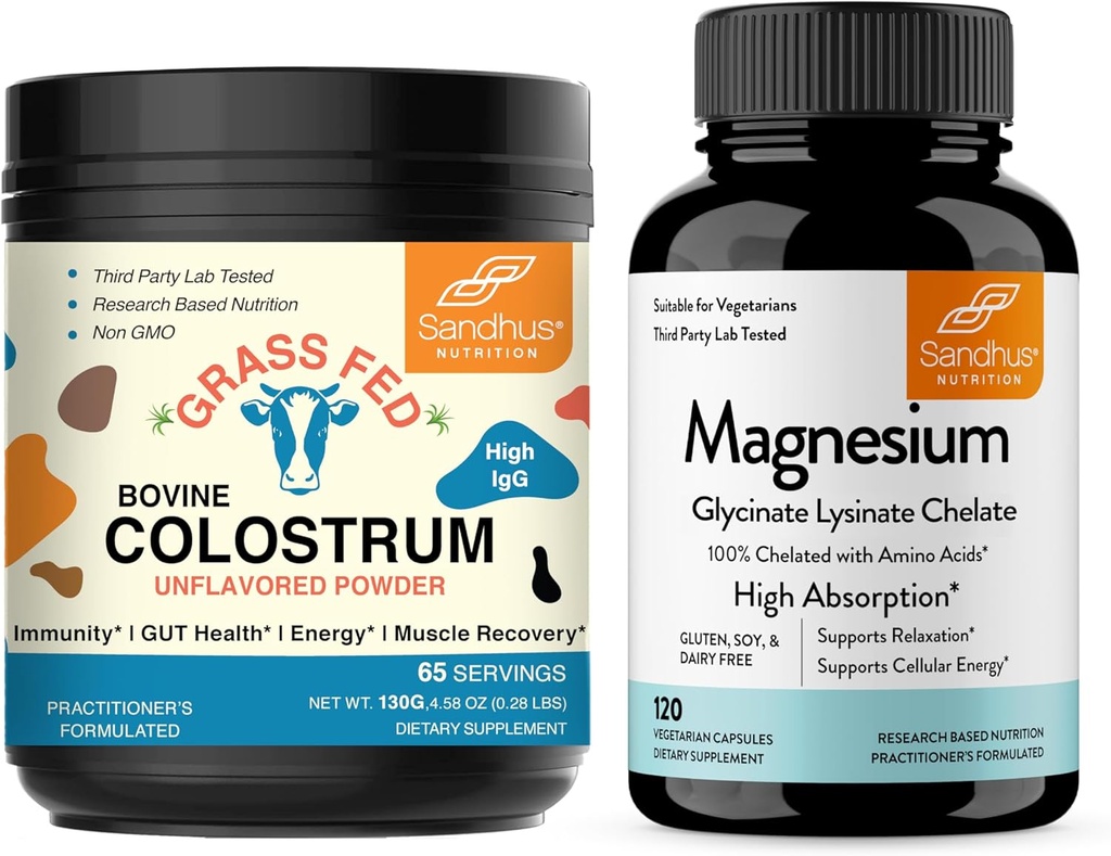 Sandhu's Bovine Colostrum Powder & Magnesium Glycinate Lysinate Capsules | Helps Gut, Immune Heath & Sleep Support