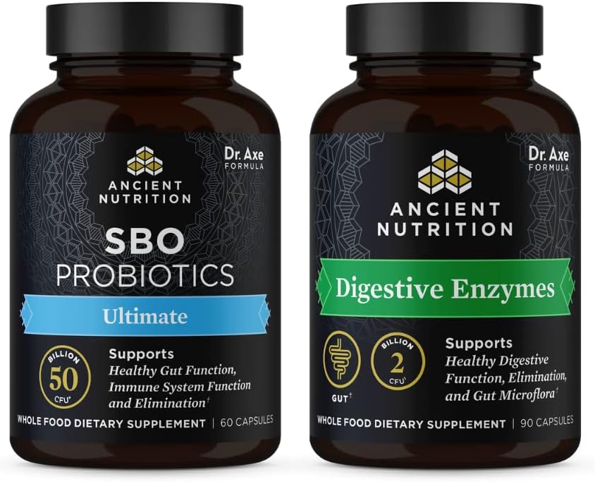 [BRSRMEA6BF6RUELG] Ancient Nutrition SBO Probiotics Capsules, Ultimate, 60 Count + Digestive Enzymes Capsules, 90 Count