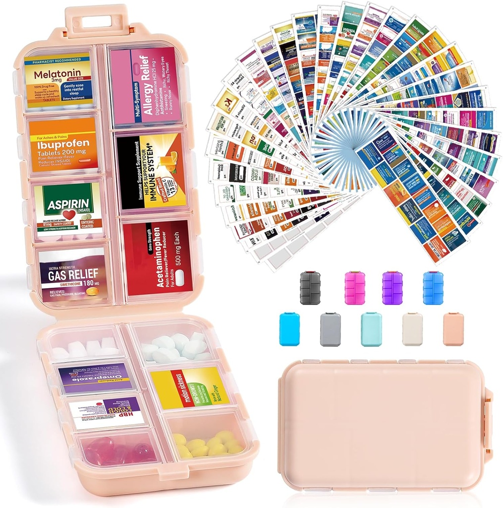 [BRSRA23YA5YA22TZ] 14 Grids Travel Pill Organizer Box with 415-Pcs Medicine Name Labels - Pocket Daily Pharmacy Case Container Kit - Travel Medication Holder Dispenser for Fish Oil Vitamin Supplement Storage - Pink